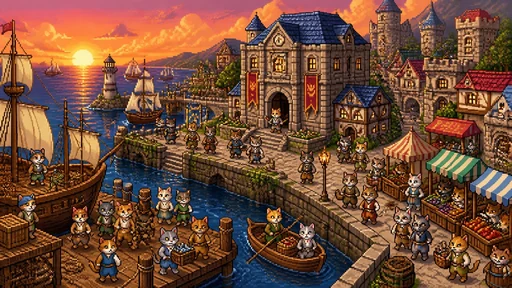 Pixel-art harbour city populated by anthropomorphic kittens at sunset