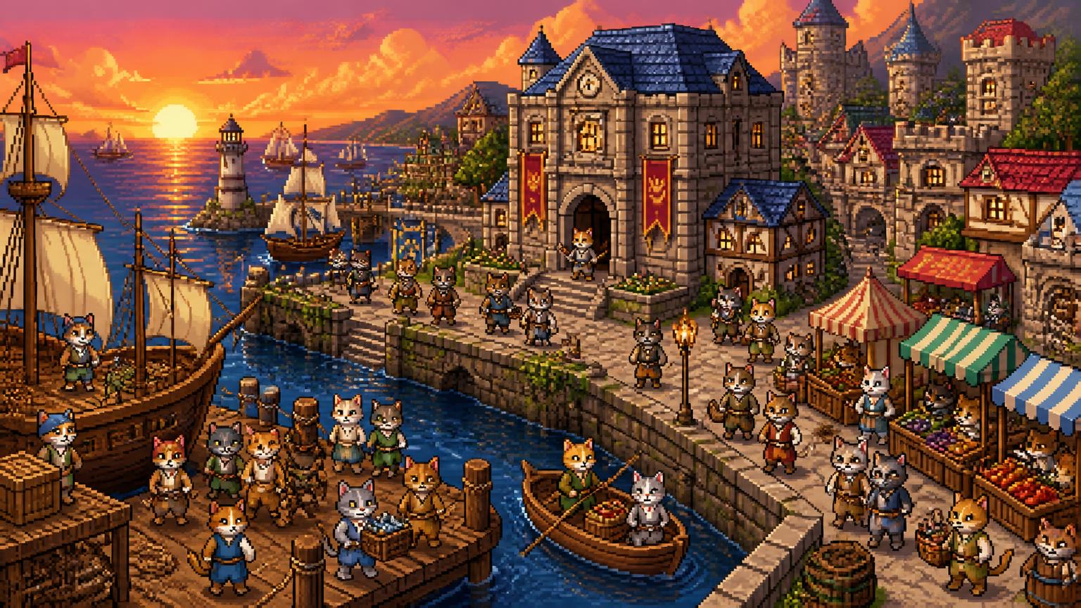 Città portuale in pixel art popolata da gattini antropomorfi al tramonto